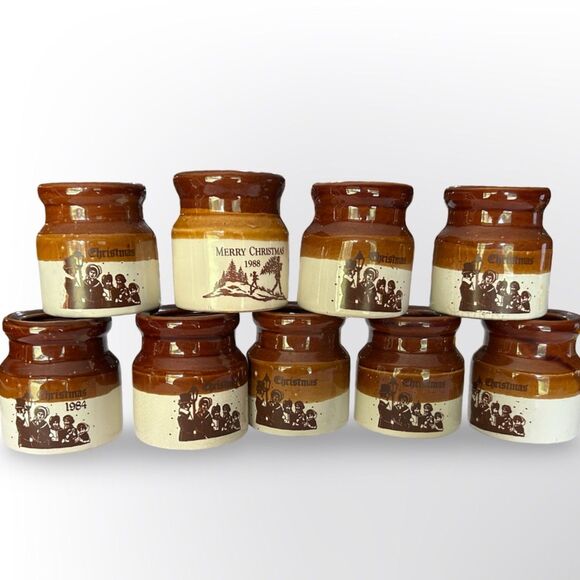 Vintage Brown & White Dipped Christmas Mini Stoneware Crock, 10pc, Farmhouse - Picture 1 of 7